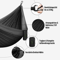 1 x RAW Customer Returns Grassman Camping Hammock Double and Single Hammock with Tree Straps, Lightweight Nylon Parachute Hammock Camping Accessories Equipment for Indoor Outdoor Backpacking, Travel, Black, Double - RRP €26.99