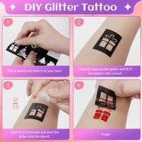 33 x Brand New DAOUZL Glitter Tattoo Kit, Temporary Tattoo Kit with 80 Stencils, 1 Glue, 2 Brushes etc, Temporary Glitter Tattoo, Tattoos for Kids, Kids Tattoo Pens for Girl Gift - RRP €267.3