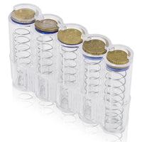 39 x Brand New Coin box - compact with 5 coins, coin sorter, coin holder, coin storage change storage - made of plastic, transparent - RRP €795.6