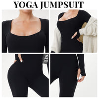 1 x RAW Customer Returns Menore Women s Yoga Jumpsuits Workout Ribbed Long Sleeve Soft Sports jumpsuits Square Neck Figure-Hugging One-Piece - RRP €27.31