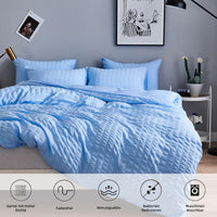 1 x RAW Customer Returns Freyamy Seersucker Bed Linen 200x220cm 3-piece Blue Embossed Stripes Structured Bedding Sets Plain Brushed Microfiber Soft Duvet Cover with Zipper and 2 Pillowcases 80x80cm - RRP €41.3