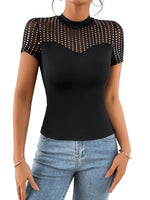 1 x RAW Customer Returns GORGLITTER T-Shirt with Sequins Women s Mesh Top Glitter Top with Rhinestone Mesh Shirt Elegant Tops Black M - RRP €25.2