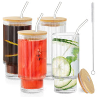 1 x RAW Customer Returns Anhow set of 4 cocktail glasses, 350 ml ribbed glasses long drink glass with lid, drinking glasses with 4 straws 1 brush for water, cocktails, juice - transparent - RRP €25.38