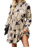 1 x RAW Customer Returns BebreezChic Women s Dresses Floral Turtleneck Long Sleeve Autumn Dress Loose Empire Waist Pleated A-Line Mini Dresses Elegant Party Dress Beach Dress Cocktail Dress Beige L - RRP €25.43