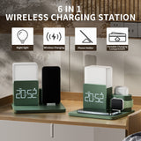 1 x RAW Customer Returns 6 in 1 Wireless Charging Station with Night Light and Alarm Clock, ICARERSPACE 10W Qi Certified Compatible with iPhone Samsung, Wired Charging Box for Apple Watch Smart Watch Airpods Green - RRP €41.1