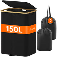 1 x RAW Customer Returns Lifewit 150L Laundry Basket with Large Lid, Dirty Clothes Basket with Bamboo Handles, Foldable Laundry Bucket with 2 Sections and Removable Washable Bag, Laundry Basket for Bathroom, Laundry Room, Black - RRP €42.58