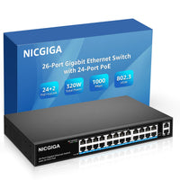 1 x RAW Customer Returns NICGIGA 24 Port Gigabit PoE Switch with 24 Port PoE 300W, 2 Gigabit Uplink Port, Sturdy Metal for Desktop Rack Mount, AI Watchdog, VLAN Mode, Plug and Play, Unmanaged Power Over Ethernet - RRP €171.31