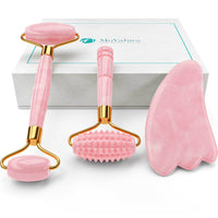 1 x RAW Customer Returns 4-in-1 Rose Quartz Roller and Gua Sha Set - Face Roller made of Rose Quartz with Eye Massager Gua Sha Grooved Roller Massager - Jade Roller made of 100 Rose Quartz - Warm or Cold Facial Massage - RRP €23.97