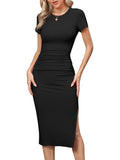 1 x RAW Customer Returns Missufe Summer Dress Midi Dress Bodycon Slit Pencil Dress Women s Casual Dress Tight Short Sleeve Figure-hugging Gathered T-Shirt Dresses Black, Large  - RRP €29.99