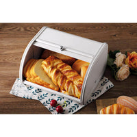 1 x RAW Customer Returns HollyHOME Bread Bin with Stainless Steel Housing, Metal Bread Bins for Kitchen, Bread Storage Container with Roll-Up Easy-to-Store Bread Box Holder Lid, White - RRP €32.99