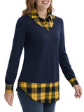 1 x RAW Customer Returns DJT FASHION Women s 2-in-1 Checked Casual Blouse Long Sleeve Shirt Navy - Yellow Plaid XL - RRP €22.99