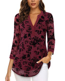 1 x RAW Customer Returns Vafoly Women s Blouses and Tops Dressy, Women s Blouse 3 4 Sleeve Floral Tunic Festive Blouses Women s Elegant Mesh Swing Blouses for Work Loose Fit Flowy Tunics Flocked Dark Red M - RRP €32.99