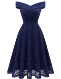 1 x RAW Customer Returns Homrain Women s Elegant Evening Dresses Festive Cocktail Dress Off Shoulder Bridesmaid Dresses Lace Knee Length Rockabilly High Low Ball Gown -1Navy L - RRP €46.99