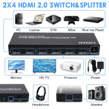 1 x RAW Customer Returns HDMI Switch Splitter 2 in 4 Out, HDMI Distributor Switch with Remote Control and SPDIF 3.5m Audio Out, Supports 4K 60Hz HDCP2.2 HDR, for PC Monitors PS4 TV Laptop Xbox - RRP €46.99