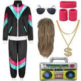 1 x RAW Customer Returns Fover 80s Outfit Men 80s 90s Accessories Women Costume Tracksuit Pop Art Retro Style with Wig Inflatable Radio Sweatband for Theme Party Carnival Black 027XXL - RRP €40.33