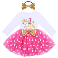 1 x RAW Customer Returns IMEKIS Baby Girl 1st Birthday Outfit Princess Long Sleeve Minnie Tulle Dress with Bowknot Headband Toddler Kids Polka Dot Clothes Set Rose 1 Year - RRP €24.18