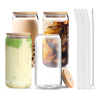 2 x RAW Customer Returns Aikio Drinking Glasses with Bamboo Lid and Glass Straw, Iced Coffee Cups, Glass Can Shaped Cups, Beer Glasses, Pint Glasses, Ideal for Water, Cocktails, Whiskey, Soda, Gifts, Set of 4, 16 oz - RRP €44.36