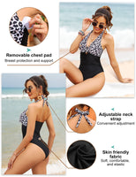 1 x RAW Customer Returns UMIPUBO One Piece Swimsuit Women Push Up High Waist One Piece Swimwear Sexy V Neck Swimsuit One Piece Tummy Control Beach Padded Beachwear Halter Swimwear Leopard Print, XL  - RRP €34.99