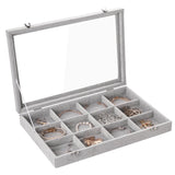 1 x RAW Customer Returns Frebeauty Jewelry Tray 12 Grids Velvet Jewelry Organizer Storage Box with Clear Lid Drawer Jewelry Holder Display Case with Clasp Pendant Bracelets Necklace for Women Gray, 12 Grids  - RRP €26.21