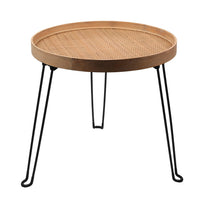 1 x Brand New  PJ Collection Round Wood and Rattan Side Table, Foldable Table with Metal Tripod, Rattan Round Tray Top, Boho Style, Chic Coffee Table, Foldable Table Height 17.7 , Tight Knit Pattern  - RRP €57.83