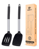 1 x RAW Customer Returns Silicone Spatula Heavy Duty Non-Stick Slotted Heat Resistant BPA Free Ideal Cookware for Fish Eggs Pancakes Black Pack of 2 - RRP €15.12