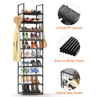 1 x RAW Customer Returns FINEW shoe rack with 10 levels, shoe stand narrow shoe racks made of metal, 20-24 pairs of shoes storage, shoe cabinet shoe storage with hooks for living room, dressing room and hallway - black - RRP €29.23