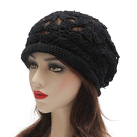 1 x RAW Customer Returns ZLYC Women Cotton Crochet Slouchy Beanie Hat Handmade Knit Cutout Summer Floral Skull Cap, Crochet Black, One Size - RRP €20.09