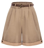 1 x Brand New Belle Poque Women s High Waist Casual Wide Leg Stretch Shorts with Belt and Pockets, Khaki-Plaid, S - RRP €21.6