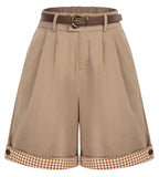 1 x RAW Customer Returns Belle Poque Women s Casual Shorts High Waist Elastic Waistband with Belt Party Leisure Office Khaki Brown S - RRP €29.65