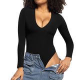 1 x RAW Customer Returns RoomTour Women s Bodysuit Long Sleeve Deep V-Neck Jumpsuit Elegant Bodysuits for Women 3-Black M - RRP €27.22