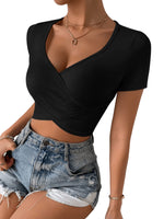 1 x RAW Customer Returns GORGLITTER Crop Shirt Women s Short Sleeve Crop Top Crop Top with Neckline Top with Cross Strap V Neck Summer Tops Black S - RRP €24.19