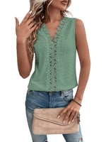 1 x RAW Customer Returns GORGLITTER Lace Tops Women s Tank Top with V Neck Lace Top Elegant T-Shirt with Eyelet Embroidery Summer Top Loose Mint Green L - RRP €26.21