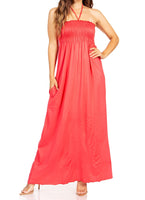 1 x Brand New Sakkas 5026 Comfortable Jersey Feel Solid Color Smocked Bodice String Halter Maxi Long Dress - Coral Large - RRP €41.99