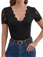 1 x RAW Customer Returns GORGLITTER Women s Elegant Lace T-Shirt V-Neck Top Stretch Tops Short Sleeve Shirt with Contrast Lace Black XS - RRP €22.18