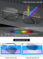 1 x RAW Customer Returns KOOSUFA Rimless Self-tinting Progressive Reading Glasses Progressive Multifocus Anti-Blue Light Photochromic Men Women Titanium Frameless with UV Protection Sun Reading Glasses 1x Purple 1.5 - RRP €29.23