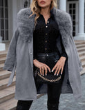 1 x RAW Customer Returns Giolshon Women s Suede Imitation Leather Jacket Long Cardigan Coat with Faux Fur Collar FF20 Gray XL - RRP €79.99