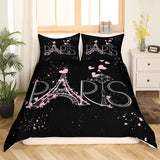 1 x RAW Customer Returns Eiffel Tower bed linen 140 x 200 cm, Paris Chic bed linen, duvet cover Romantic theme for boys girls children teenagers Black Pink Modern French style bed linen - RRP €20.4