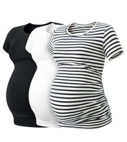 1 x RAW Customer Returns LAPASA Women s 3 Pack Maternity Tops Maternity Fashion Maternity Clothing Tops Pregnancy Short Sleeve Maternity T-Shirt L55, Black, Blue Striped, White, XXL - RRP €39.99