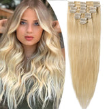 1 x Brand New SEGO Extensions Clip in Human Hair 8 Pcs Clip in Human Hair Remy Hair Extension Natural Hairpiece Straight Light Blonde 613-1 25 cm 50 g  - RRP €41.99