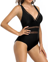 1 x Brand New SHEKINI Women s One-Piece Swimsuit Deep V Neck Retro Mesh Design Swimwear Backless Slim Cross Straps Sports One-Piece Swimsuit for Women M, Black  - RRP €28.76