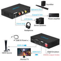 1 x RAW Customer Returns HDMI Audio Extractor 4K 60Hz YUV4 2 0 HDMI Optical Audio Splitter to Optical and Coaxial L R with 3.5mm Stereo Support HDCP D-olby DTS 5.1 PCM EDID Management for HDTV PS4 Blu-ray Amplifier - RRP €26.99