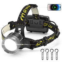 1 x RAW Customer Returns MoKo Headlamp LED Rechargeable, Super Bright 50000 Lumen 10200 mAh Large Capacity BATTERY, 8 Light Modes, IP68 Waterproof 90 Adjustable Head Lamp Headlamp for Outdoor Camping Fishing, Black - RRP €36.38