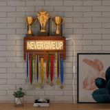 1 x RAW Customer Returns Ammonite Never GIVE UP Lighted Trophy and Medal Holder, Hanger Display Rack for Awards or Ribbons, Sports Themed Ribbon Holder for Wall, Tiered Award Rack - RRP €44.44