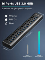 1 x RAW Customer Returns RSHTECH 16 Port USB Hub Active 3.0 with 100W power supply, aluminum multiport USB 3.0 hub with 12V 8.3A power supply and switch, for PC, mobile HDD, flash drive, professional business grade, RSH-A16 - RRP €76.63