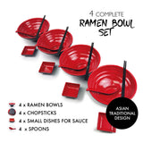 1 x RAW Customer Returns BALIBETOV Japanese Ramen Bowls Set - Includes 4 Melamine Ramen Bowls, Chopsticks, Spoons and Small Japanese Sauce Plates - Ideal for Asian Soups or Pho Red, 4  - RRP €65.45