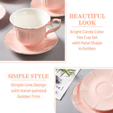 1 x RAW Customer Returns DUJUST Tea Cups and Saucers Set of 4 8 oz , Candy Color with Gold Trim, Petal Edge Coffee Cups with Metal Stand, Simple Style Porcelain Tea Party Set - Pink - RRP €43.24