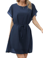 1 x RAW Customer Returns Missufe Short Summer Dress Mini Dress Round Neck Casual Dress Women Chiffon Batwing Sleeve Dresses with Belt Navy Blue, Medium  - RRP €37.3