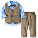 1 x RAW Customer Returns Zoerea 3 Piece Children Boys Clothing Set Shirt with Bow Tie Vest Trousers, Baby Boy Gentleman Wedding Tuxedo Baptism Brown Grid Suit Blue Outfit, Label 110 - RRP €26.39