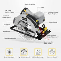 1 x RAW Customer Returns Circular saw, ENVENTOR 1200W hand-held circular saw with guide rail, saw blade 185mm, incl. 2x circular saw blade 24T 40T , 5800RPM, with laser guide, for wood, soft metal, tiles - RRP €53.99