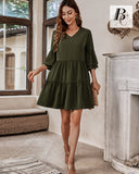 1 x RAW Customer Returns BebreezChic Women s Dress Elegant Summer Short V-Neck Flared Sleeves 3 4 Line Sleeve Flared Hem Casual Dress, Green XL - RRP €35.0